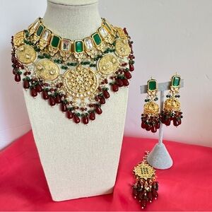 Gold-Plated Kundan Necklace Set with Green and Maroon Accents - Women Jewelry